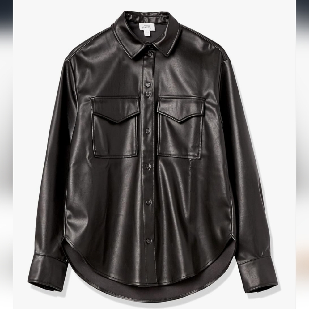 NWT lisadnyc Women's Black Faux Leather Button Down Shirt Size Small